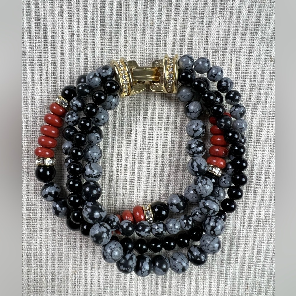 Multi Strand Gold Tone with Black, Gray & Coral Colored Bead Bracelet